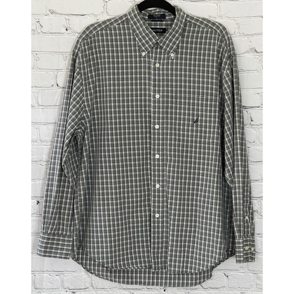 Nautica Men’s Green Gingham Plaid Classic Fit Dress Shirt (Size L)
